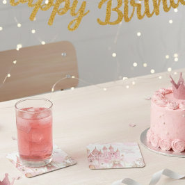 Posavasos Cuadrado De Papel Four Ever Pink Princess Castle Birthday coaster