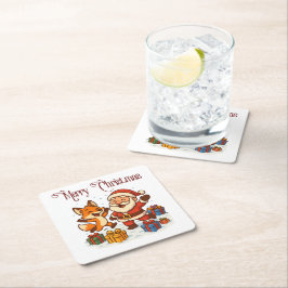 Posavasos Cuadrado De Papel Fox and Santa Christmas Paper Coaster
