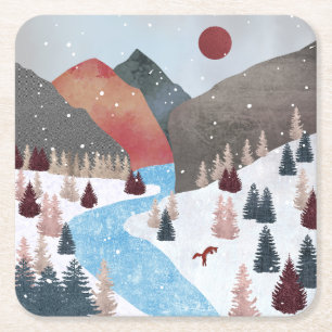 Posavasos Cuadrado De Papel Fox de la caza de invierno