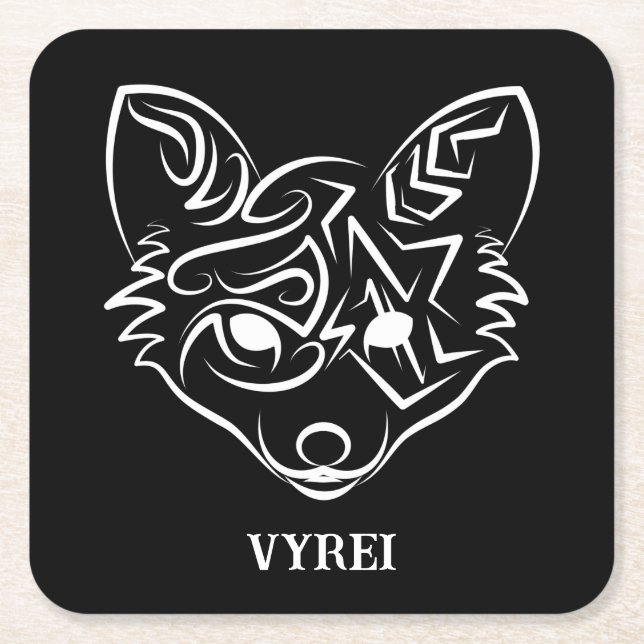 Posavasos Cuadrado De Papel Fox tribal negra y blanca (Anverso)