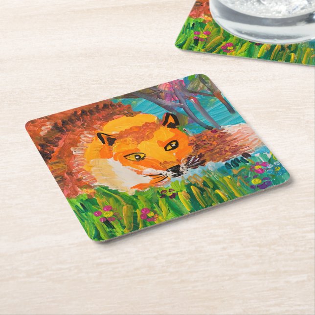 Posavasos Cuadrado De Papel Foxy (En perspectiva)