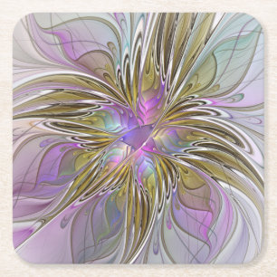 Posavasos Cuadrado De Papel Fractal floral colorido con rosado y oro