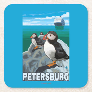 Posavasos Cuadrado De Papel Frailecillos y barco de cruceros - Petersburgo,