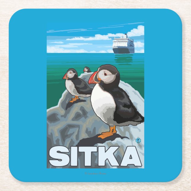 Posavasos Cuadrado De Papel Frailecillos y barco de cruceros - Sitka, Alaska (Anverso)