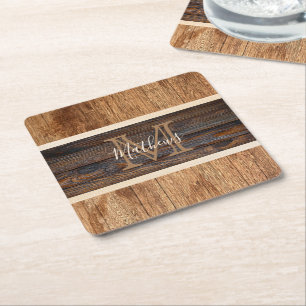 Posavasos Cuadrado De Papel Franja de Monograma de Tono de Madera Rústica