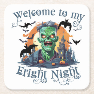 Posavasos Cuadrado De Papel Frankenstein de Halloween Bienvenido a mi noche de