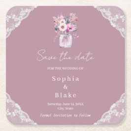 Posavasos Cuadrado De Papel Frasco de Mason de Encaje Campestre Rosa Invitació