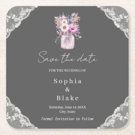 Posavasos Cuadrado De Papel Frasco de Mason de encaje de campo gris para salva