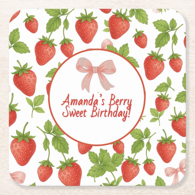 Posavasos Cuadrado De Papel Fresa dulce niños Fiesta de cumpleaños - (Anverso)