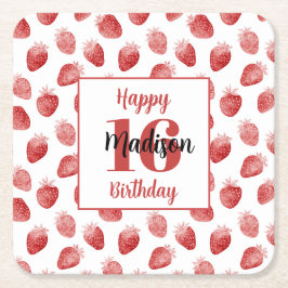 Posavasos Cuadrado De Papel Fresas Rojas Fruta Cumpleaños 16