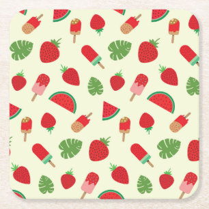 Posavasos Cuadrado De Papel Fresas, sandía y pipesilas rojas