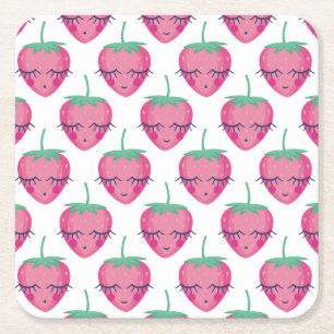 Posavasos Cuadrado De Papel Fresas sonrientes para dormir, lindo patrón.