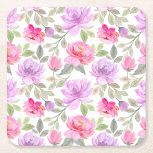 Posavasos Cuadrado De Papel Fresco Ambiente de Primavera: Diseño Floral Rosa y