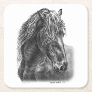Posavasos Cuadrado De Papel Friesian Horse Portrait Wavy Mane