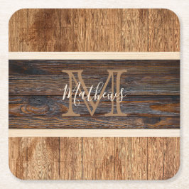 Posavasos Cuadrado De Papel Friso de Monograma de Tono de Madera Rústica