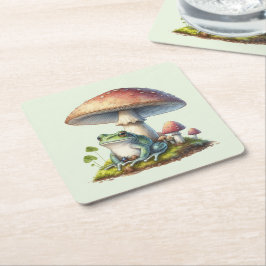 Posavasos Cuadrado De Papel Frog Under a Mushroom Cute Nature