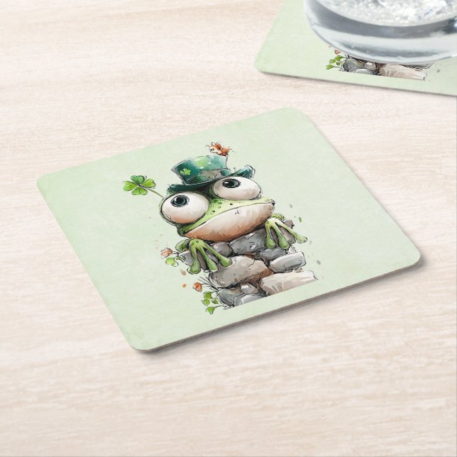 Posavasos Cuadrado De Papel Frog with Green Hat and Shamrock Cute (En perspectiva)