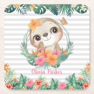 Posavasos Cuadrado De Papel Fronteras tropicales Hibiscus Flowers Sloth Person