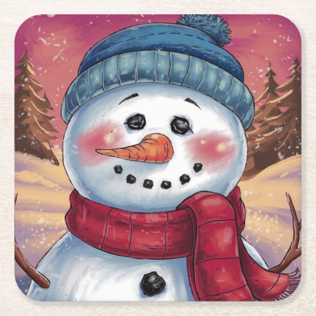 Posavasos Cuadrado De Papel Frosty el papel de Snowman (Anverso)