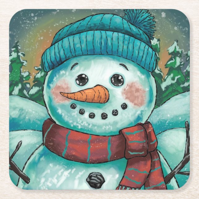 Posavasos Cuadrado De Papel Frosty el papel de Snowman (Anverso)