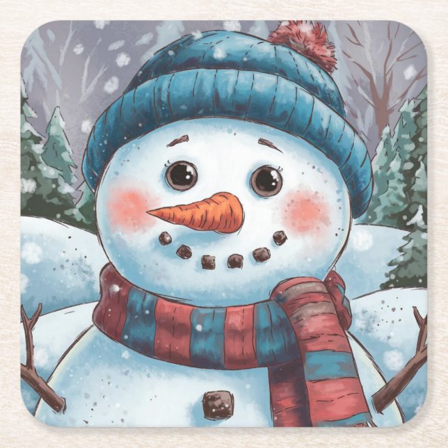 Posavasos Cuadrado De Papel Frosty el papel de Snowman (Anverso)