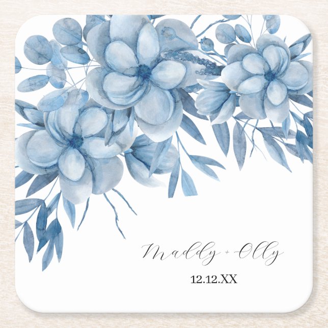 Posavasos Cuadrado De Papel Frosty Grey Blue Floral Wedding (Anverso)