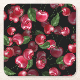 Posavasos Cuadrado De Papel Fruta del cerezo en negro