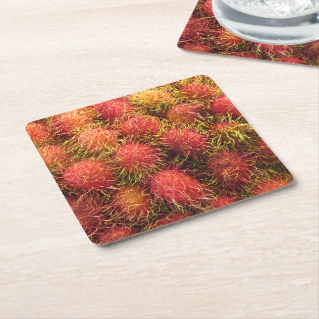 Posavasos Cuadrado De Papel Fruta tropical de Rambutan (En perspectiva)
