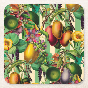 Posavasos Cuadrado De Papel Fruta verde y estilo retro jardín de flores