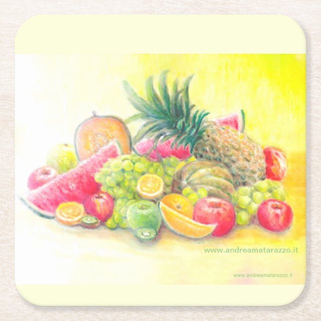Posavasos Cuadrado De Papel Frutas felices (Anverso)