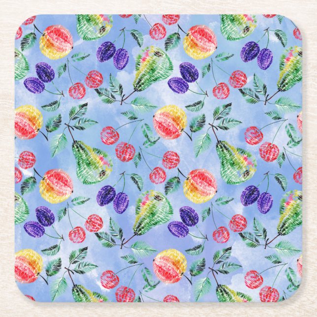 Posavasos Cuadrado De Papel Frutas y bayas. (Anverso)