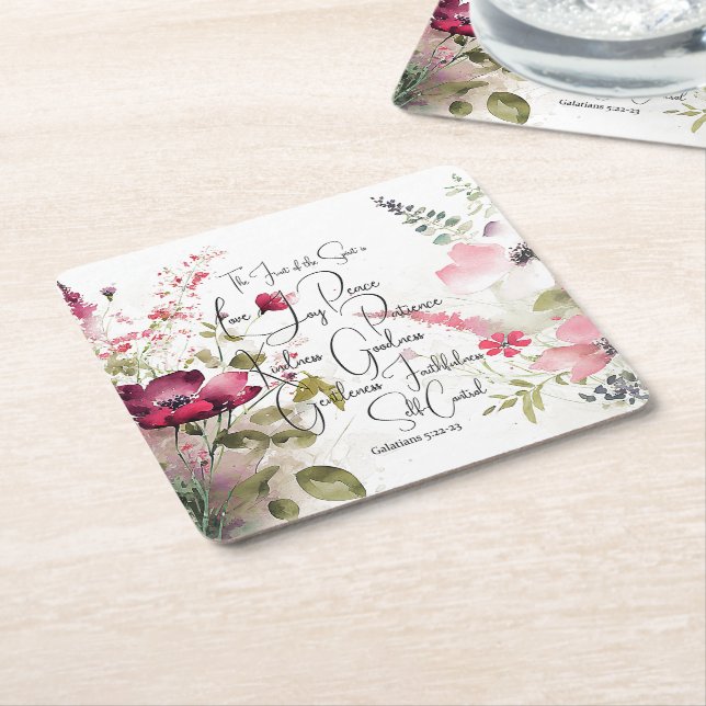 Posavasos Cuadrado De Papel Fruto del Espíritu floral rosa (En perspectiva)