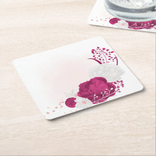 Posavasos Cuadrado De Papel fucsia y boda floral blanco