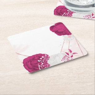 Posavasos Cuadrado De Papel fucsia y boda floral blanco