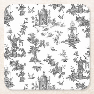 Posavasos Cuadrado De Papel Fuentes y árboles fantásticos de época Toile-B & W