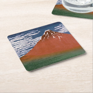 Posavasos Cuadrado De Papel Fuji Rojo, El Volcán Aka Fujiyama Katsushika Hokus