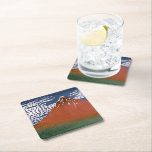 Posavasos Cuadrado De Papel Fuji rojo, Volcán Aka Fujiyama Katsushika Hokusai