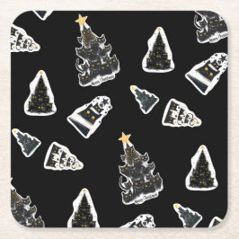 Posavasos Cuadrado De Papel Fun Black Cat Meowy Christmas Tree