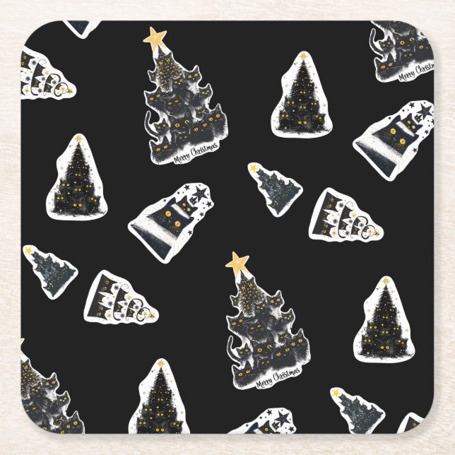 Posavasos Cuadrado De Papel Fun Black Cat Meowy Christmas Tree (Anverso)