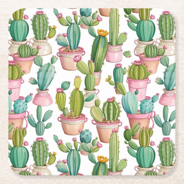 Posavasos Cuadrado De Papel Fun bright cactus (Anverso)