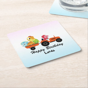 Posavasos Cuadrado De Papel Fun DINO tractor de dinosaurio Farm School Niño de