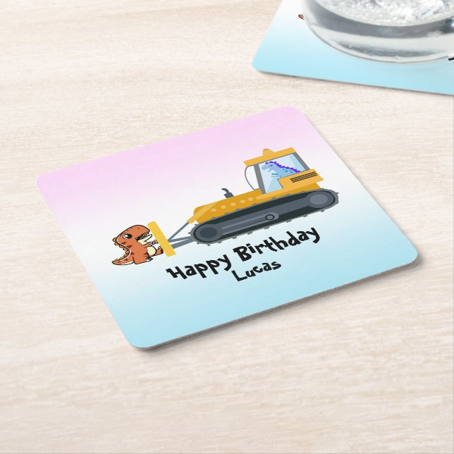 Posavasos Cuadrado De Papel Fun DINO tractor de dinosaurio Farm School Niño de (En perspectiva)