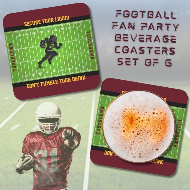 Posavasos Cuadrado De Papel Fundido juego de tiras de bebidas para aficionados (Funny Football Fan Party Beverage Coasters Set of 6)