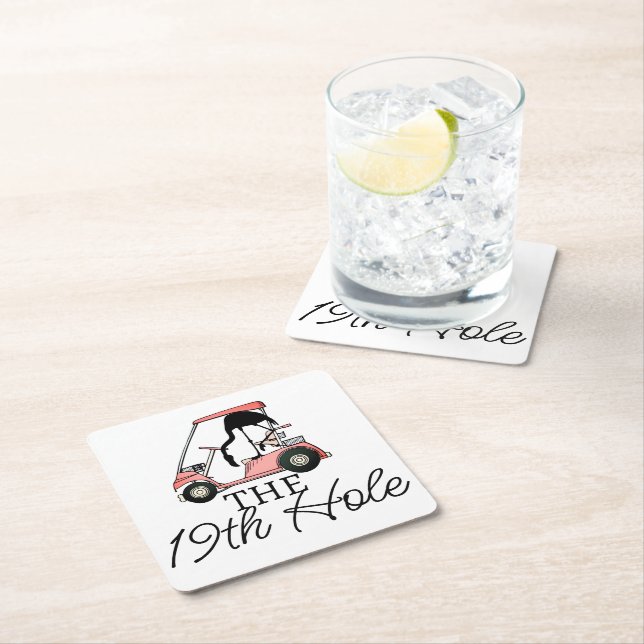 Posavasos Cuadrado De Papel Funny Carro de golf 19th Hole Flamingo (In situ)