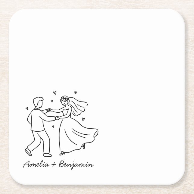 Posavasos Cuadrado De Papel funny couple Hand Drawn  wedding (Anverso)
