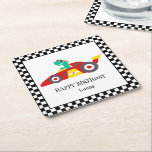 Posavasos Cuadrado De Papel Funny Dinosaur Birthday racing car boy nombre<br><div class="desc">Cute Dinosaur Birday racing car boy nombre</div>