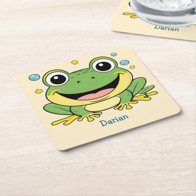 Posavasos Cuadrado De Papel Funny Green Frog Animal Wildlife personalizado Bir (En perspectiva)