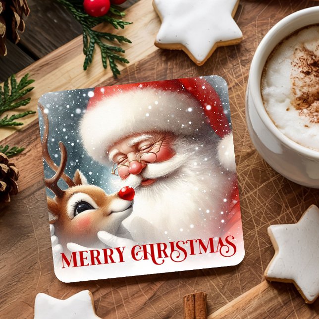 Posavasos Cuadrado De Papel Funny Holiday Paper Coasters Santa and Rudolph (Funny Holiday Paper Coasters Santa and Rudolph)