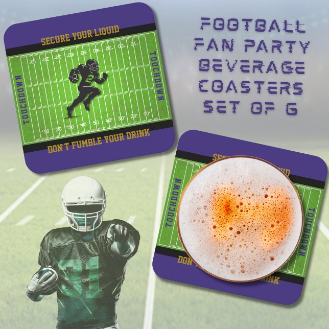Posavasos Cuadrado De Papel Funny Purple Football Game Day Coasters (Don't let your drinks fumble the table! Secure Your Liquid with this fun set of football coasters)