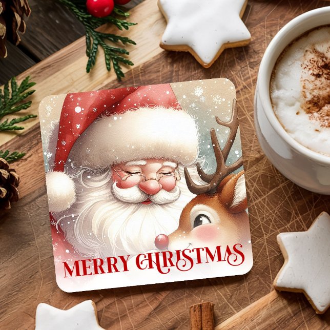Posavasos Cuadrado De Papel Funny Rudolph Santa Cute Christmas Paper Coaster   (Funny Rudolph Santa Cute Christmas Paper Coaster Art

)